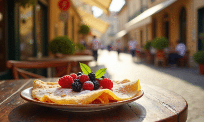 Terrasse ensoleillee d un cafe a Aix en Provence avec crêpes dorées