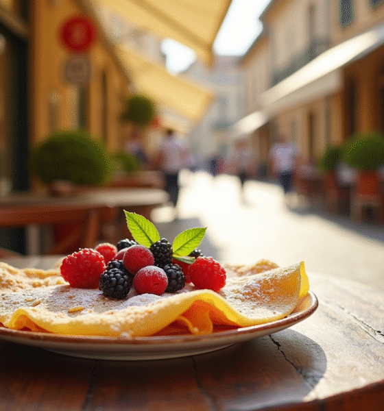 Terrasse ensoleillee d un cafe a Aix en Provence avec crêpes dorées