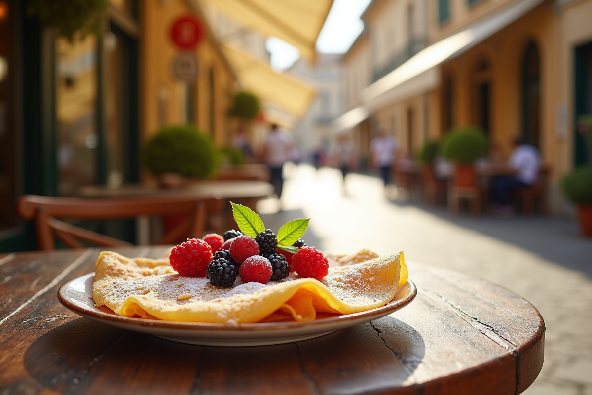 Terrasse ensoleillee d un cafe a Aix en Provence avec crêpes dorées