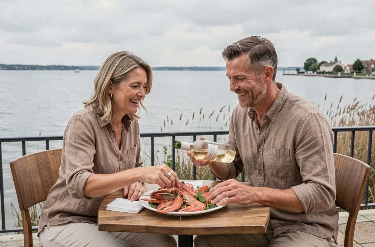 Couple savourant des fruits de mer en terrasse d'un restaurant face au lac de Bordeaux par temps doux
