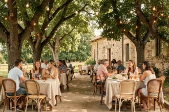 Terrasse en plein air d'une guinguette à la ferme avec tables en bois, chaises vintage et guirlandes lumineuses dans les arbres
