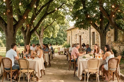 Terrasse en plein air d'une guinguette à la ferme avec tables en bois, chaises vintage et guirlandes lumineuses dans les arbres