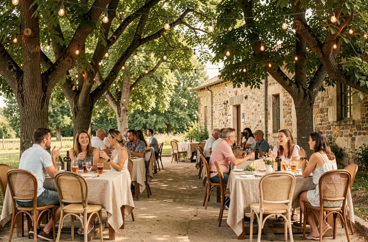 Terrasse en plein air d'une guinguette à la ferme avec tables en bois, chaises vintage et guirlandes lumineuses dans les arbres
