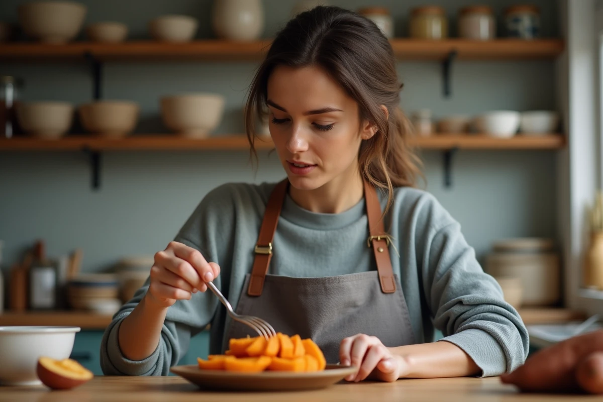 Femme testant la cuisson d'une patate douce à la fourchette sur un plan de travail en bois dans une cuisine chaleureuse