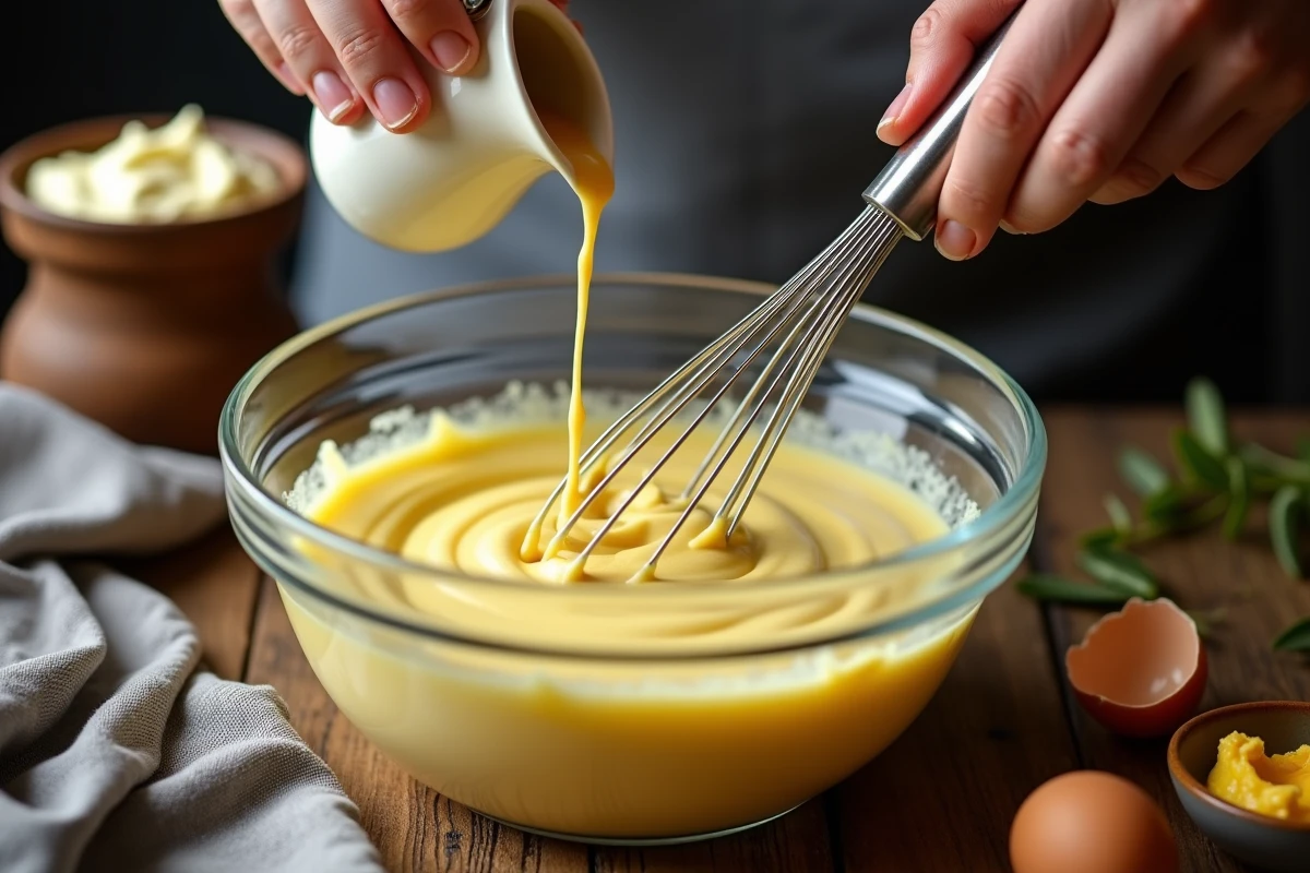 Gros plan sur la texture crémeuse d'une mayonnaise maison en cours d'émulsion au fouet avec un filet d'huile d'olive