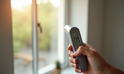 Main tenant un thermometre digital devant une fenetre