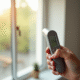 Main tenant un thermometre digital devant une fenetre