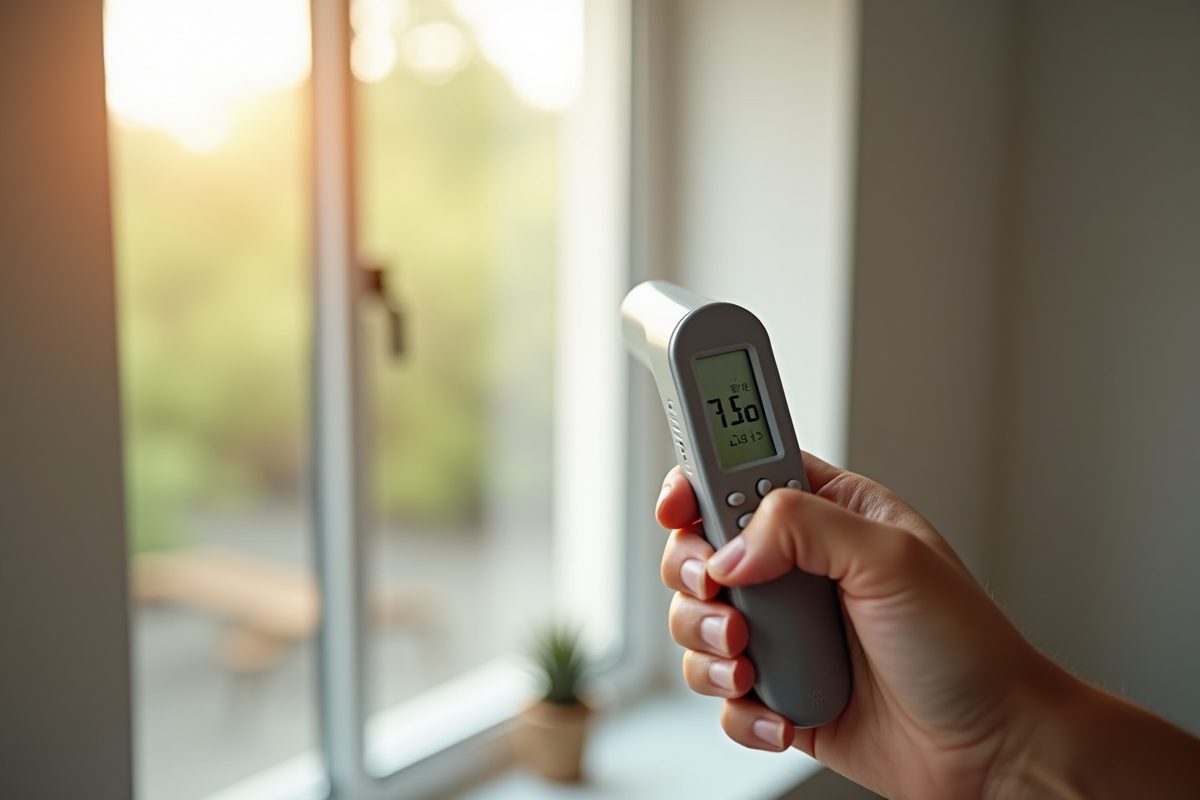 Main tenant un thermometre digital devant une fenetre