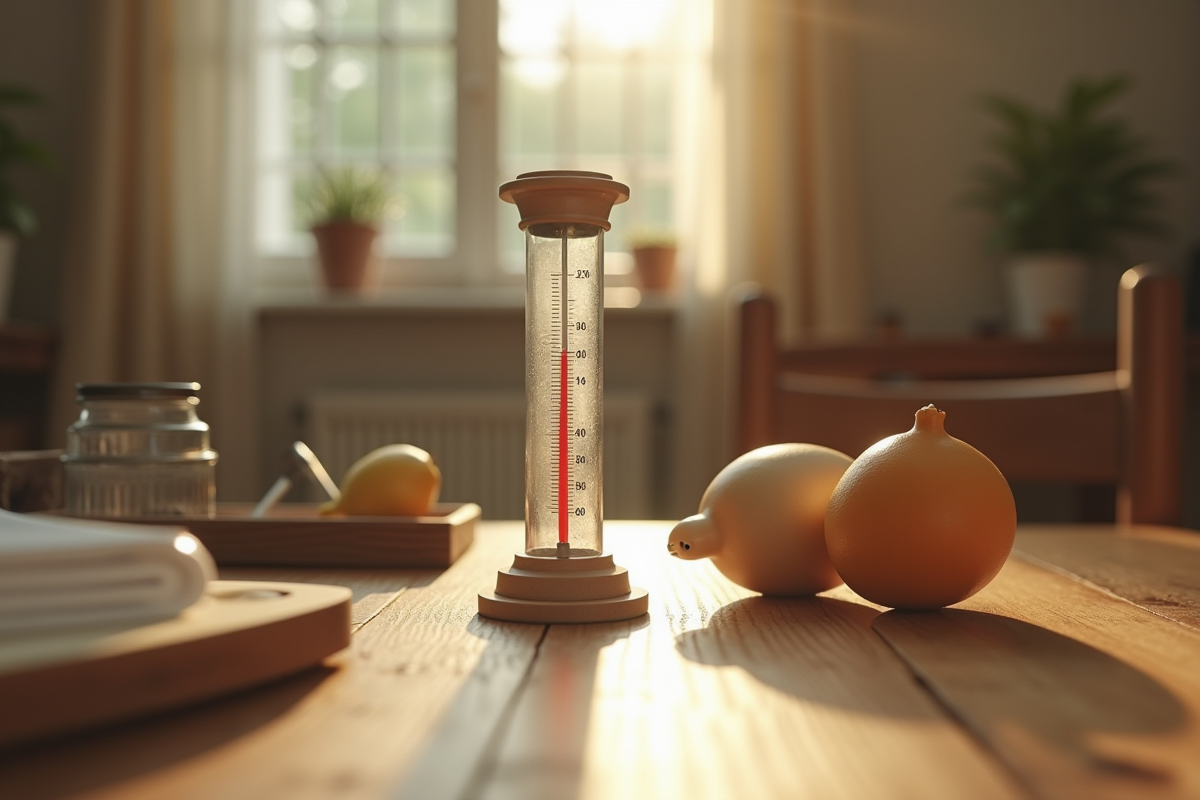 Thermometre a mercure sur une table en bois dans une ambiance cozy