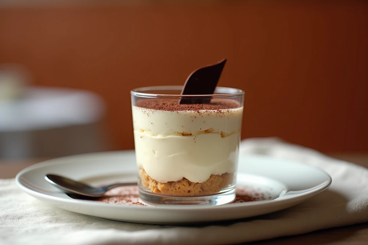 Tiramisu moderne en verrine avec pâte à bombe aérienne, couches visibles de crème mascarpone et cacao en poudre