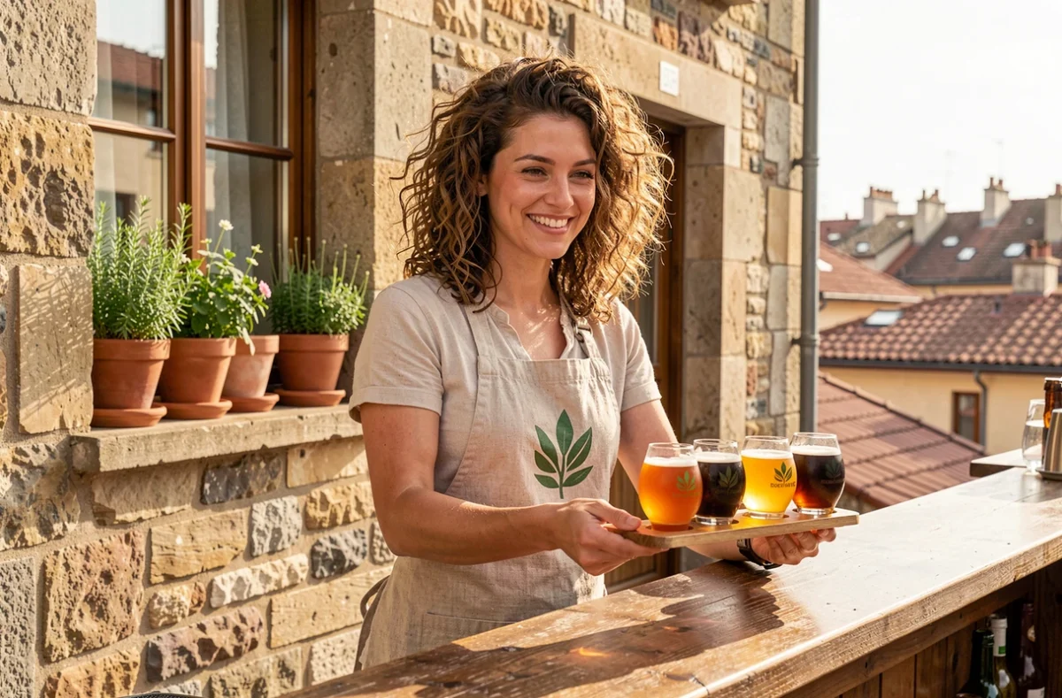 Brasseuse de Tom and Co présentant des bières artisanales bio en dégustation sur la terrasse de la Croix-Rousse à Lyon