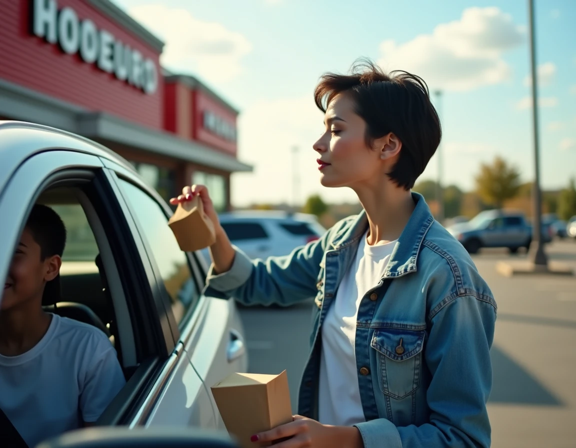 Touriste française commandant au drive-through d'un fast food américain pendant un road trip