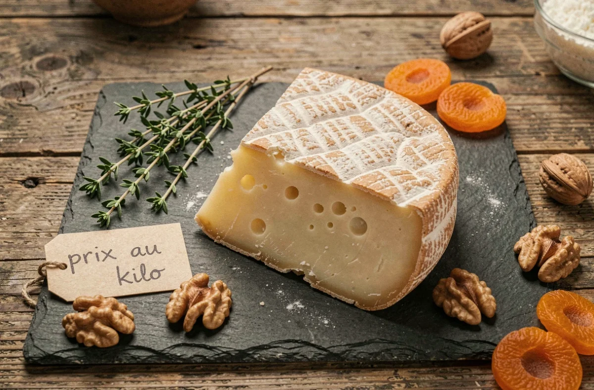 Tranche de fromage Beaufort avec étiquette prix au kilo sur une planche en ardoise rustique