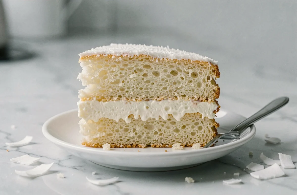 Tranche de gâteau à la noix de coco moelleux en gros plan sur une assiette en porcelaine blanche, révélant une mie aérienne et une garniture crémeuse
