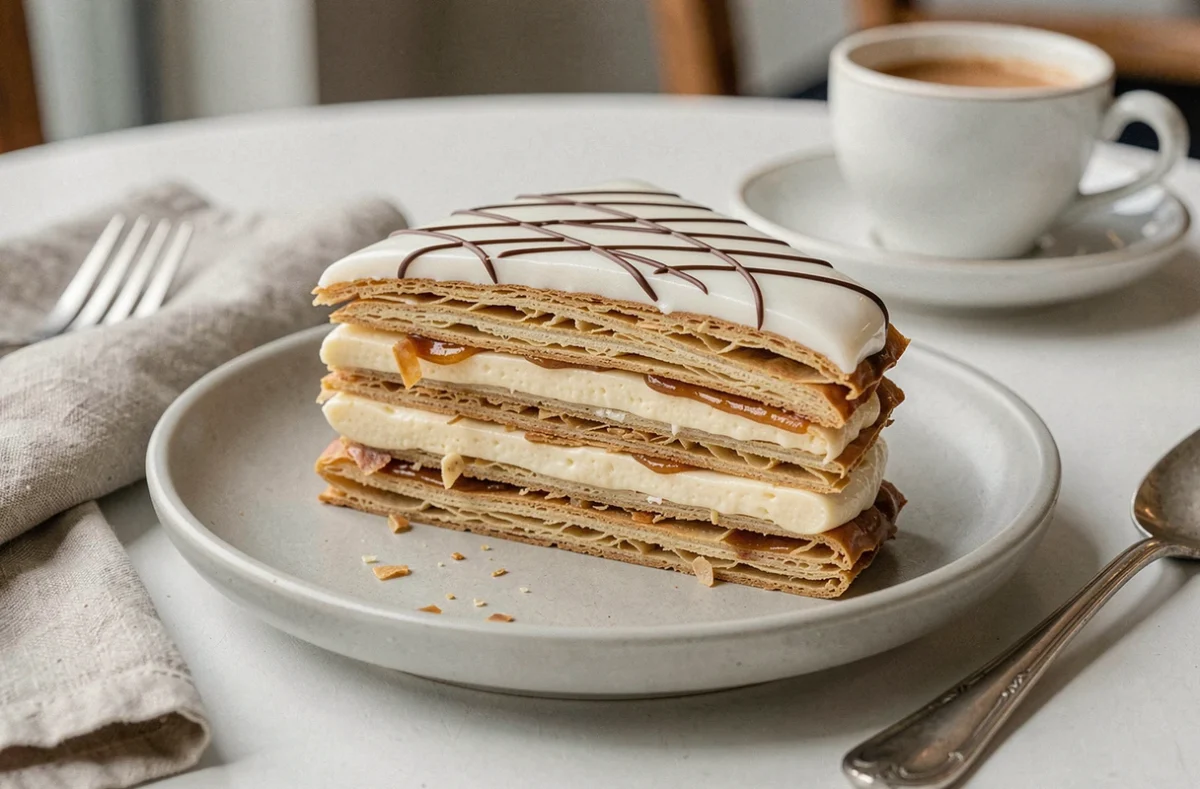 Tranche de mille-feuille maison avec glaçage miroir brillant et coupe montrant les couches feuilletées et la crème vanille
