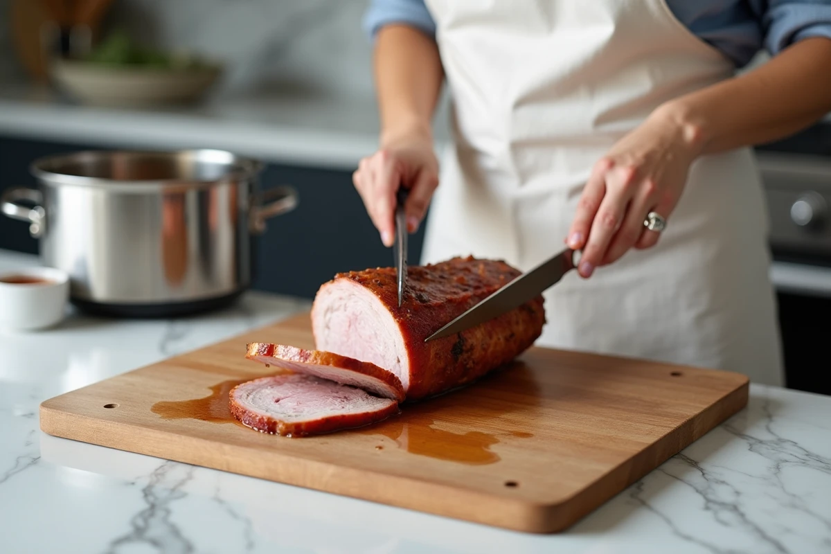 Femme tranchant un rôti de porc maigre sur une planche en bois avec un Cookeo en arrière-plan dans une cuisine moderne