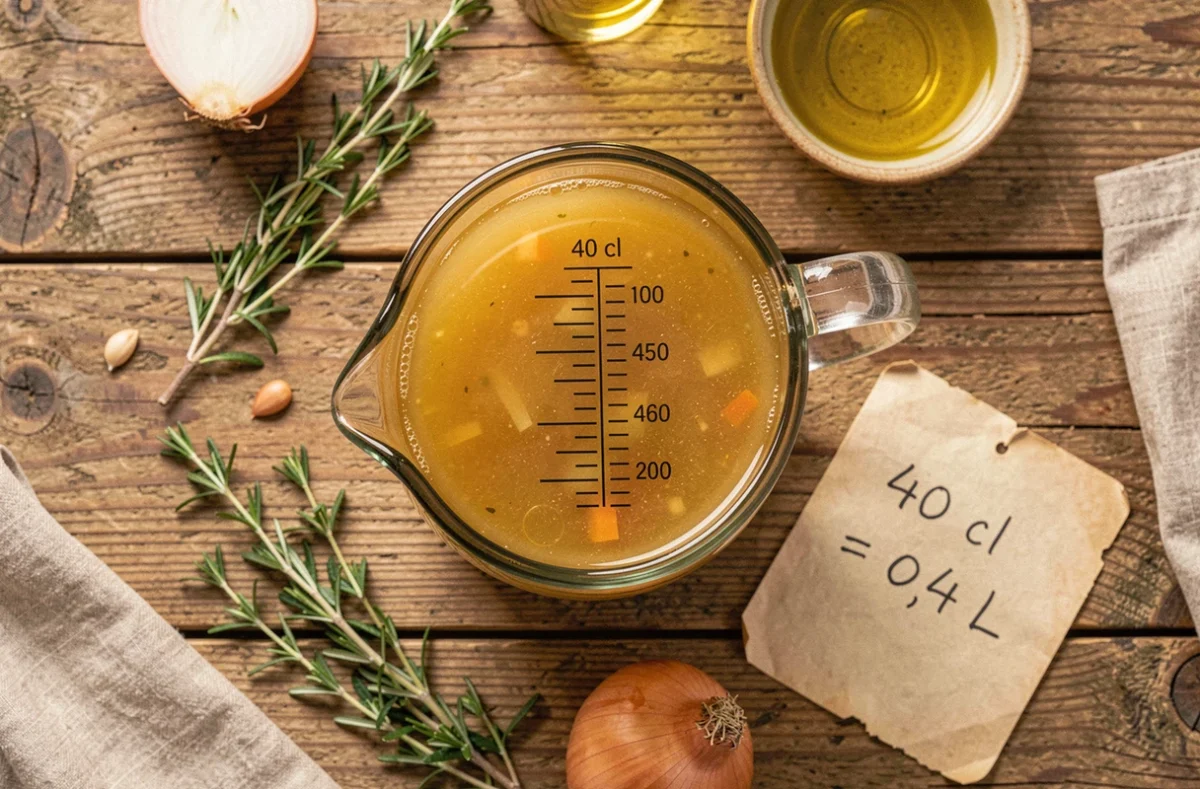 Vue de dessus d'un verre doseur avec 40 cl de bouillon doré et une note manuscrite indiquant la conversion en litres sur une table en bois rustique