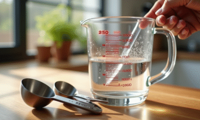 Verre mesureur avec eau sur plan de travail en bois