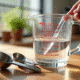 Verre mesureur avec eau sur plan de travail en bois