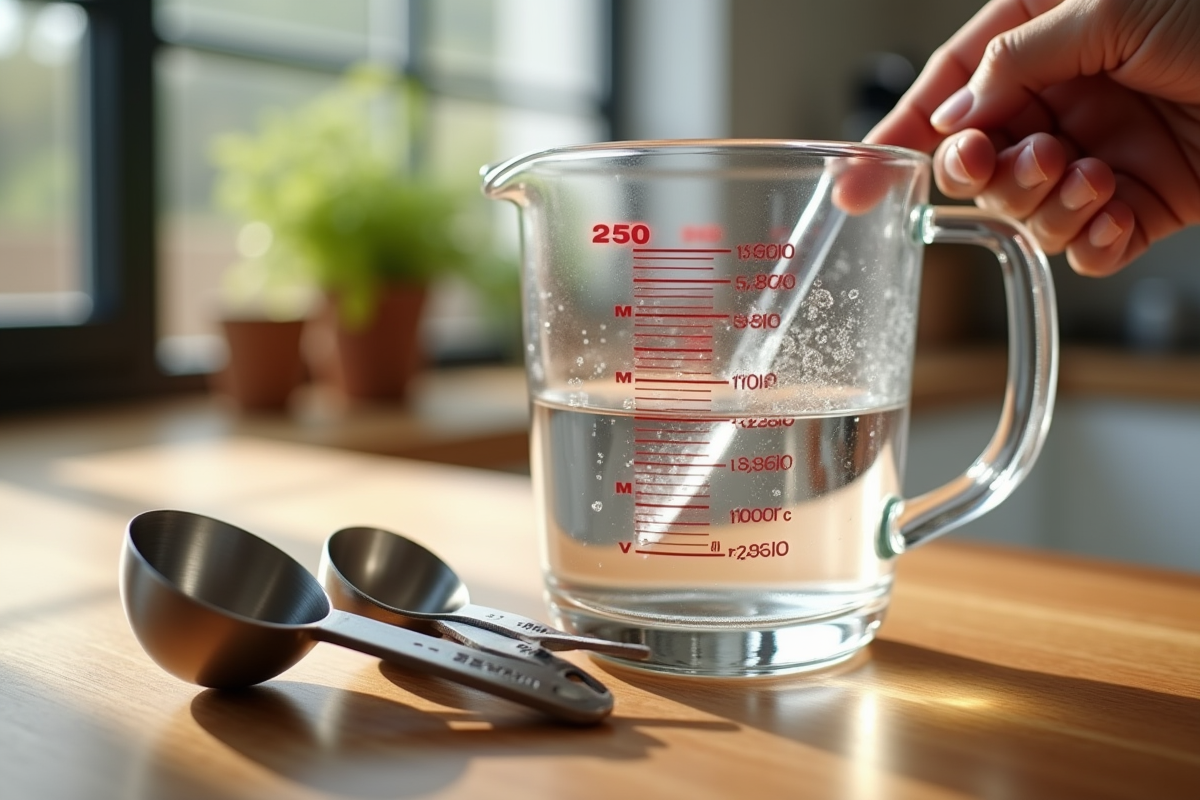 Verre mesureur avec eau sur plan de travail en bois