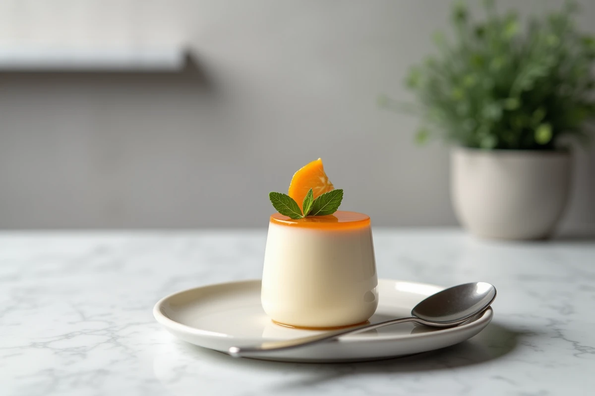 Verrine unique de panna cotta au kaki et gingembre avec tranche caramélisée et menthe fraîche
