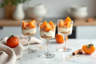 Verrines de kaki en couches avec crème mascarpone et spéculoos sur marbre blanc