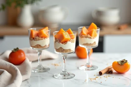 Verrines de kaki en couches avec crème mascarpone et spéculoos sur marbre blanc