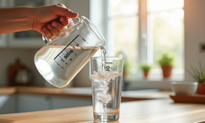 Main versant de l'eau dans un verre avec mesure de 400 ml