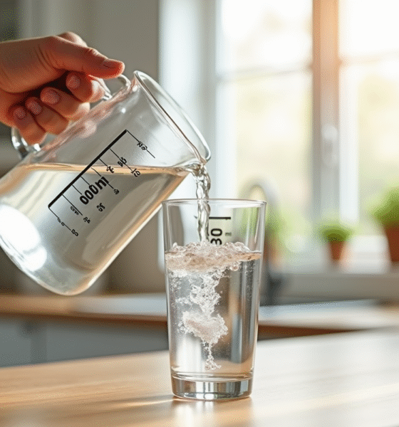 Main versant de l'eau dans un verre avec mesure de 400 ml