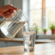 Main versant de l'eau dans un verre avec mesure de 400 ml