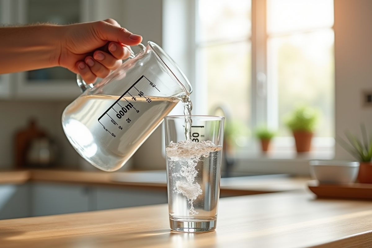 Main versant de l'eau dans un verre avec mesure de 400 ml