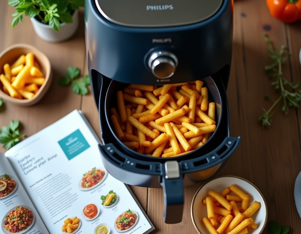 Vue aérienne d'un airfryer Philips entouré d'un livre de recettes gratuit et de surgelés sur une table en bois