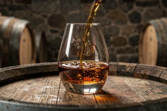 Verre de whisky français Fondaudège posé sur un fût de chêne dans une distillerie en pierre