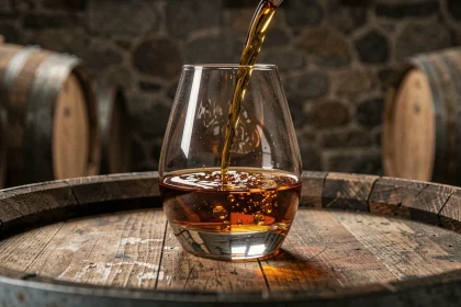 Verre de whisky français Fondaudège posé sur un fût de chêne dans une distillerie en pierre