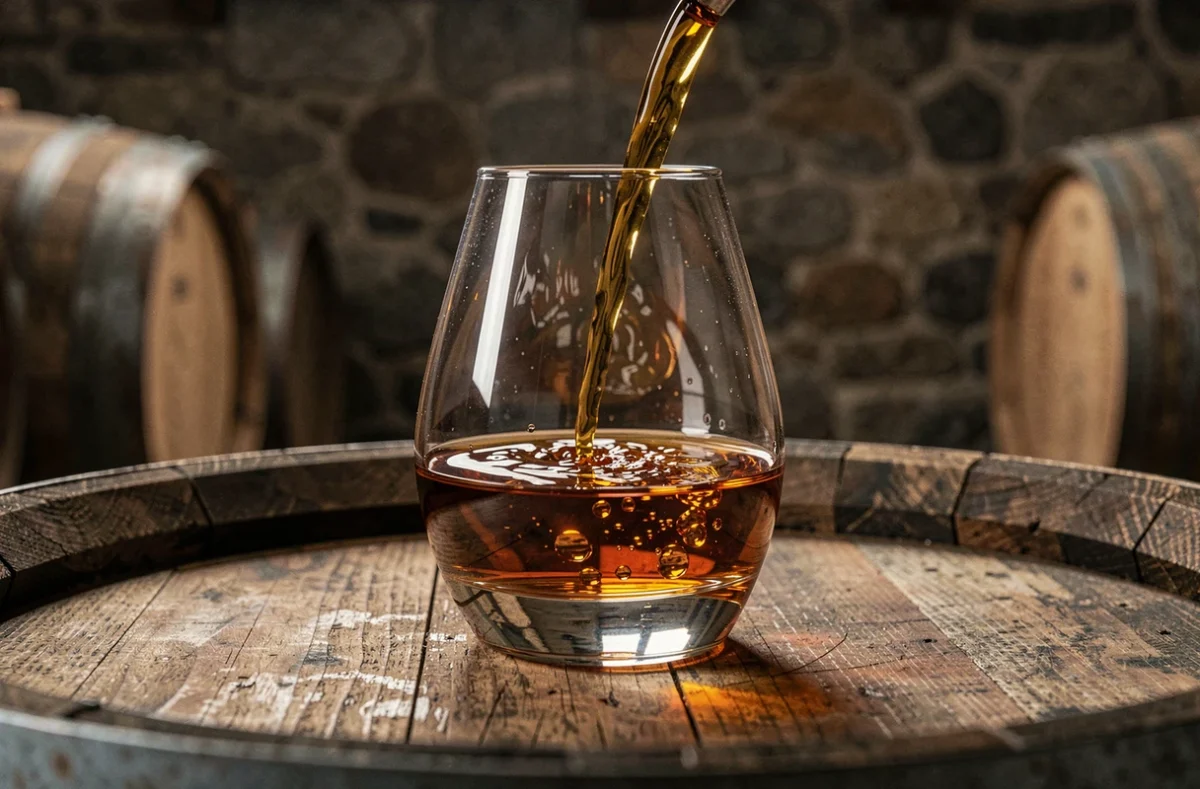 Verre de whisky français Fondaudège posé sur un fût de chêne dans une distillerie en pierre