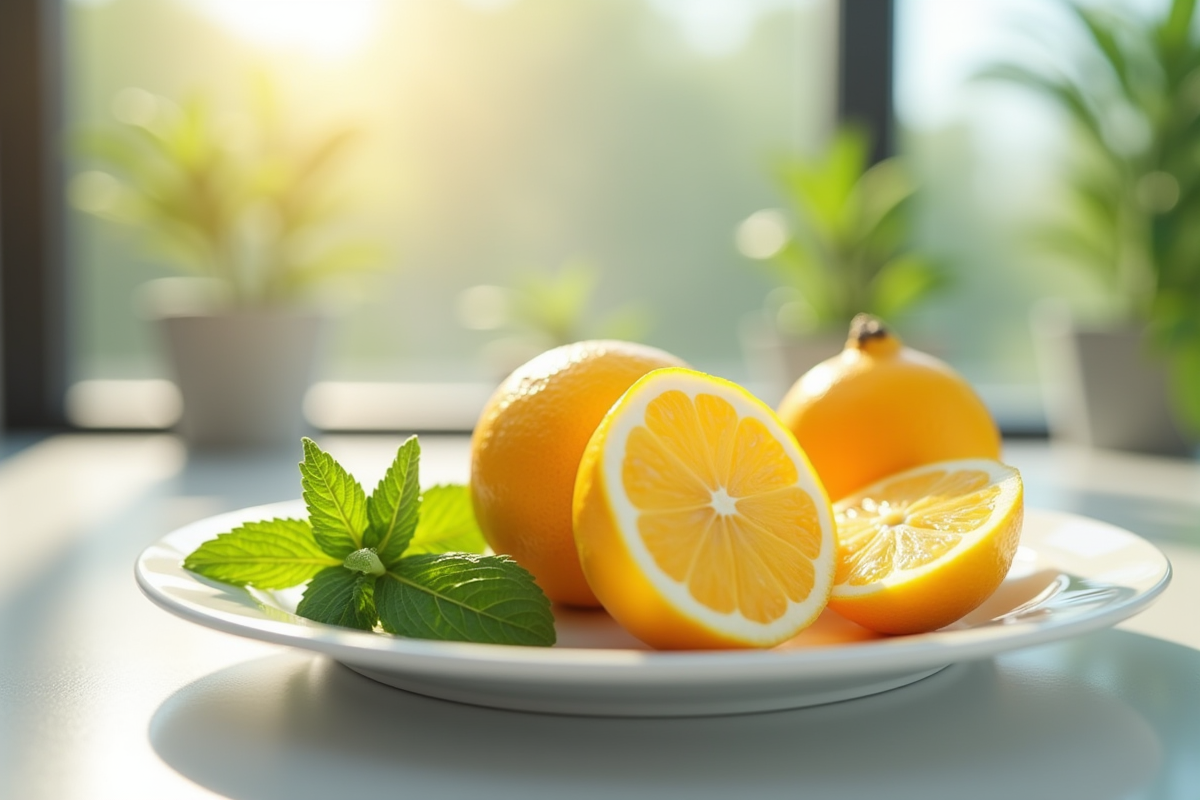 Yuzu entier et tranché avec menthe sur assiette blanche en cuisine